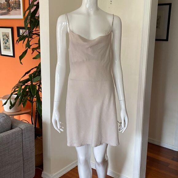 Zara Cream Satin Cowl Neck Mini Slip Dress with Rhinestone Strap Size M - Picture 2 of 12